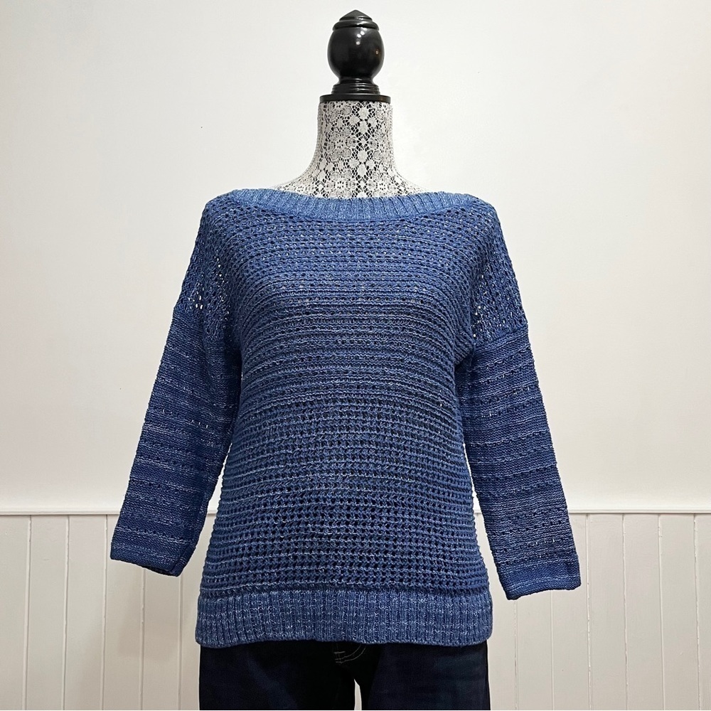 White & Warren Marled Pointelle Knit Boat Neck 3/4 Sleeve Sweater Size S